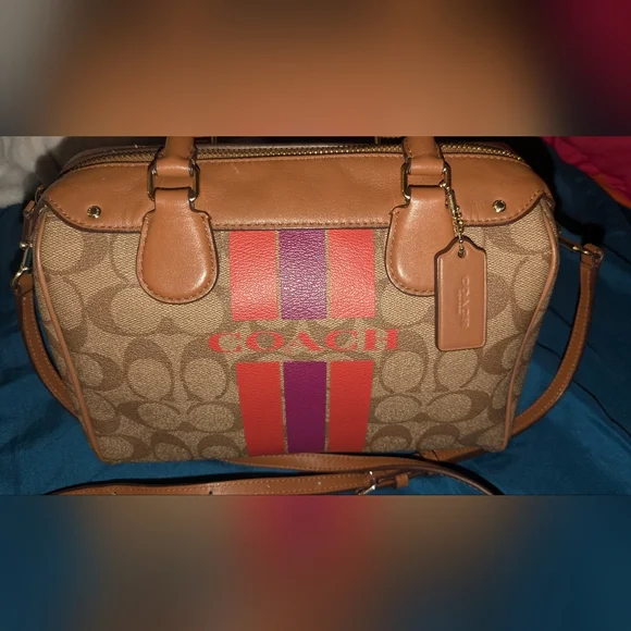 Coach Rowan Signature Satchel with Orange & Purple Stripe With Detachable Strap - Picture 2 of 6